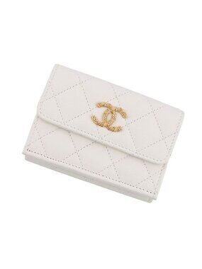 Chanel Trifold Wallet Quilted CC Logo Classic Small Flap Caviar Leather White